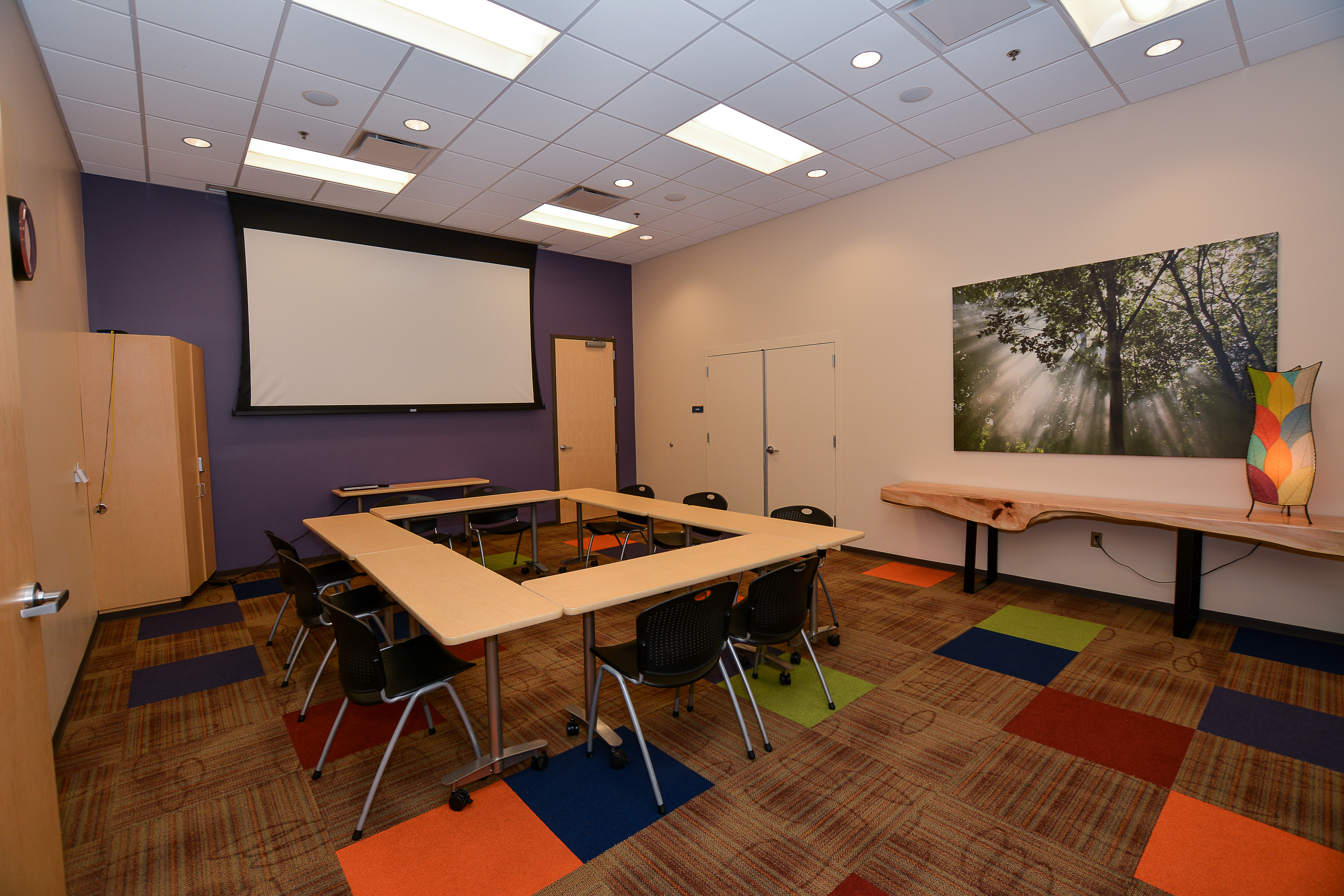 SEEK is a smaller dedicated meeting space at AL!VE. It can accommodate up to 15 people in an open square configuration (as pictured above) or approximately 30 theater style. This space rents for $150 for 1/2 day (up to 4 hours) or $225 for full day (up to 8 hours). Room rental includes use of A/V which is built into the infrastructure of the room and includes projector/screen and conference calling capabilities.
